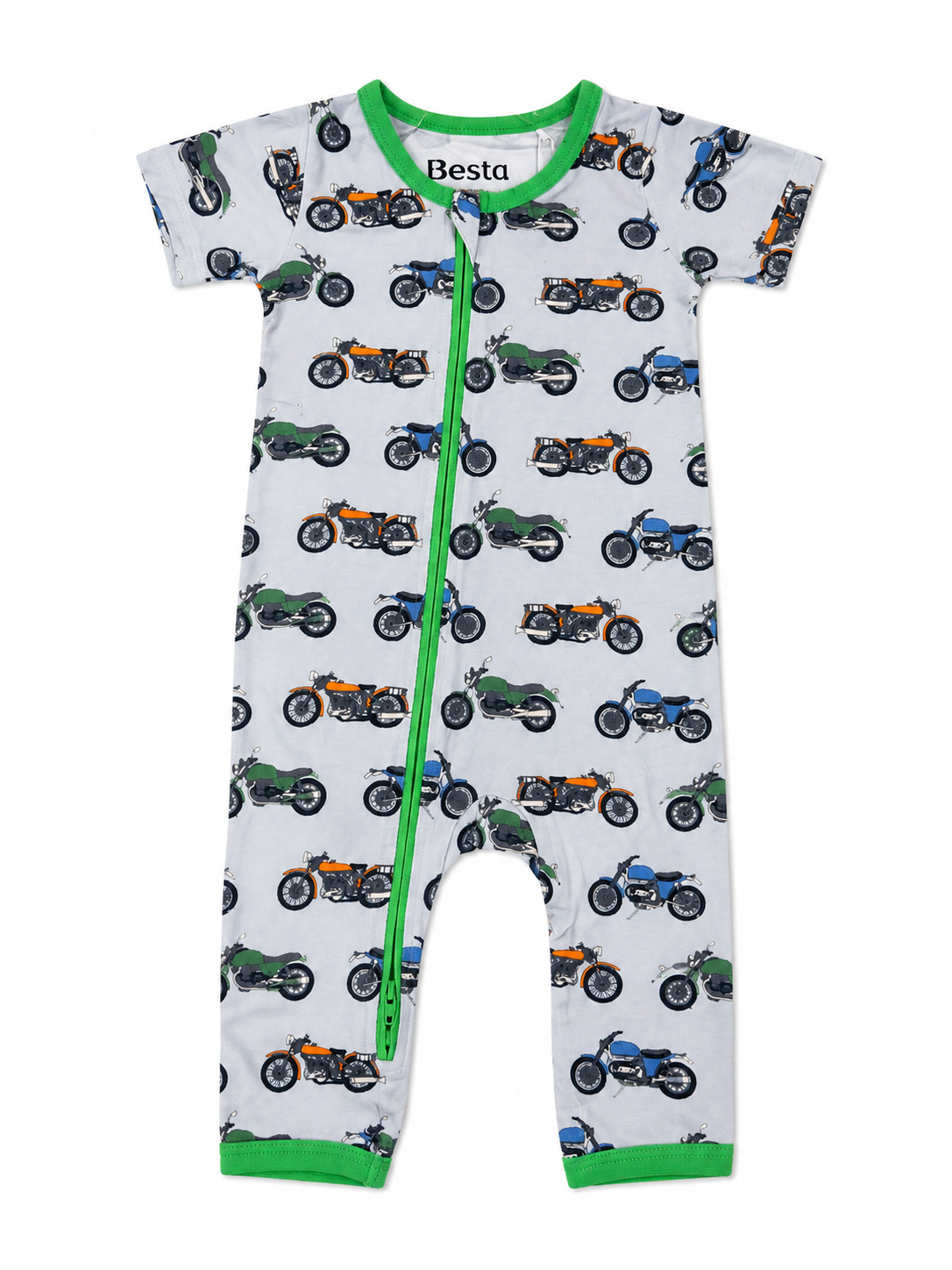 Baby romper with motorcycle pattern and green zipper on a white background made from bamboo fabric
