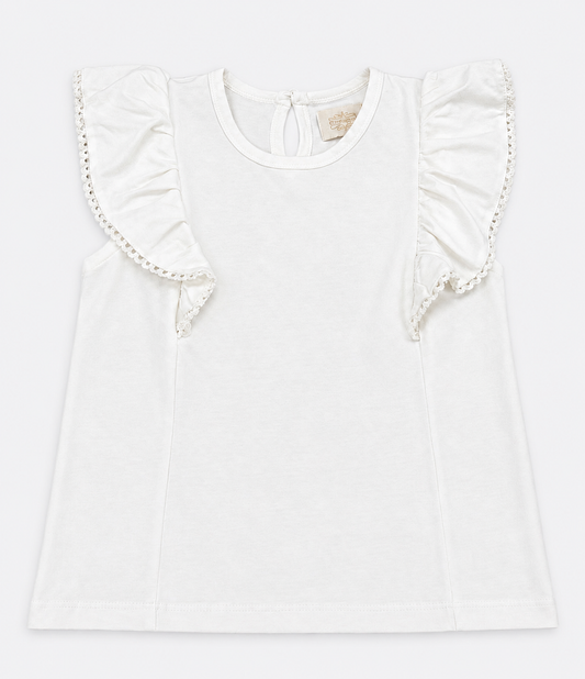Off-white  blouse with ruffled shoulders on a light gray background