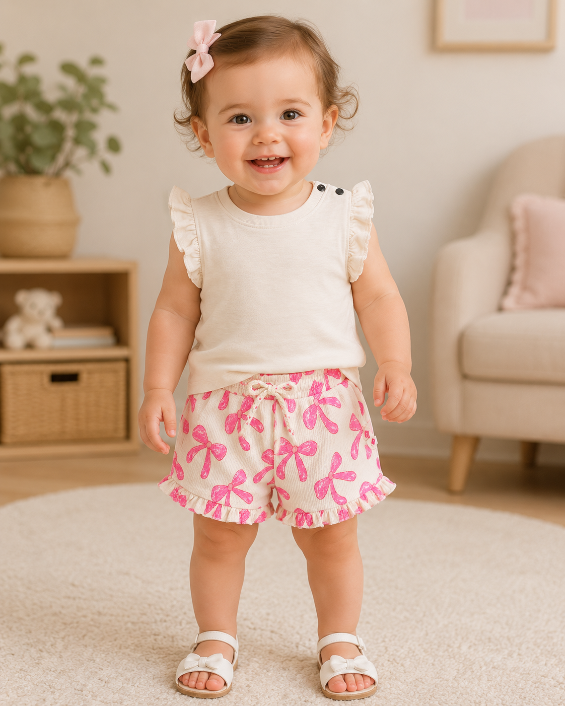 Cream Top w/Bubble Gum Pink Bow Short Set