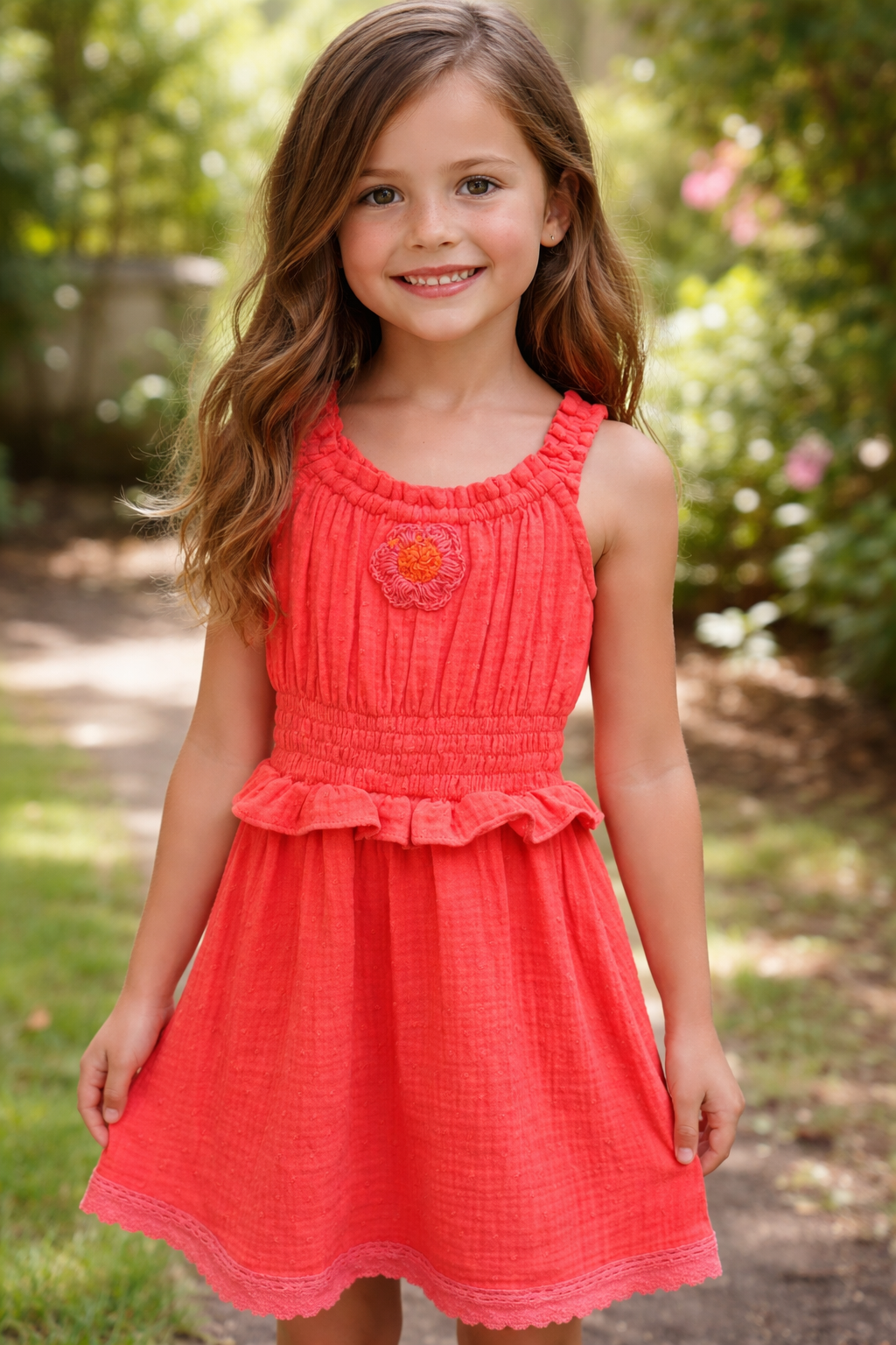 Coral Dress with Crochet Flower