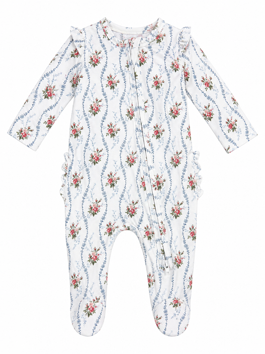 Heirloom Rose Stripe Ruffle Zipper Footie