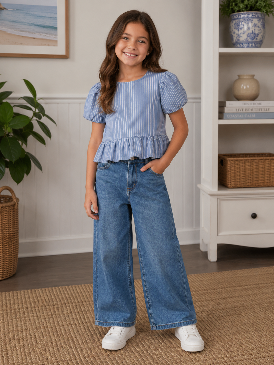 Young girl wearing a blue top and jeans standing in a room with a plant and shelf in the background.