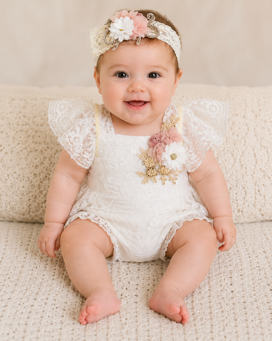 baby girl in dressy romper with lace and flowers with beaded applique and matching headband 