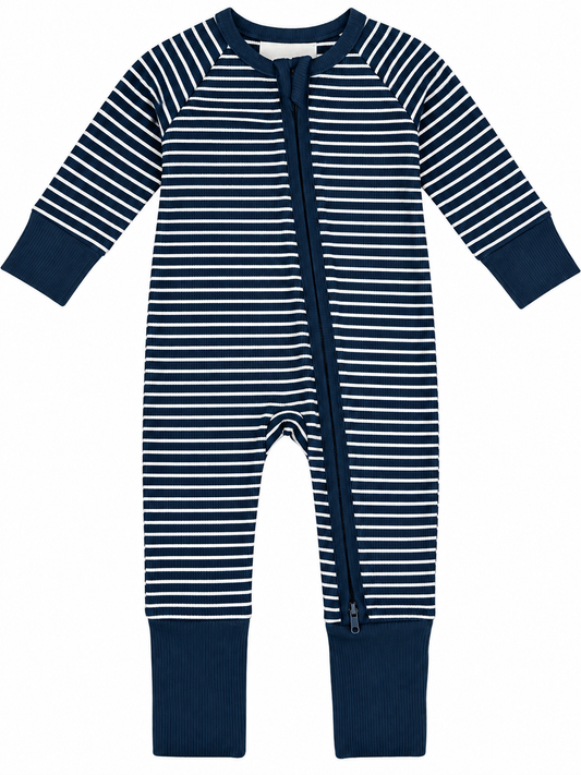 Navy Striped Zipper Footie