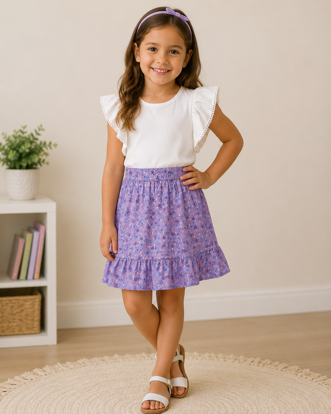 Young girl wearing a 0ff-white top and lavender floral skirt standing in a room with a white wall and wooden floor.