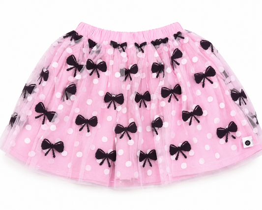 Pink Tulle Skirt with Wine Color Embodied Bows