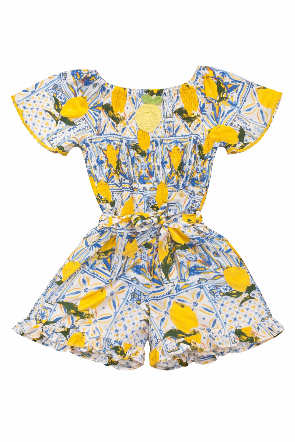 girl's romper with lemon yellow and blue hues perfect summer outfit 