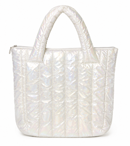 An iridescent white quilted puffer tote bag with dual top handles, shown against a plain white background.
