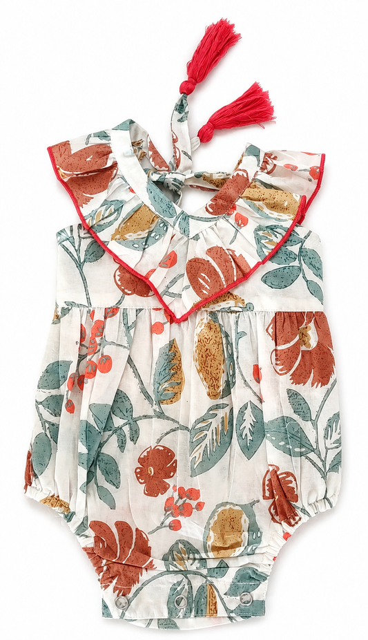 White Floral Print Bubble w/ Frill Neck Design