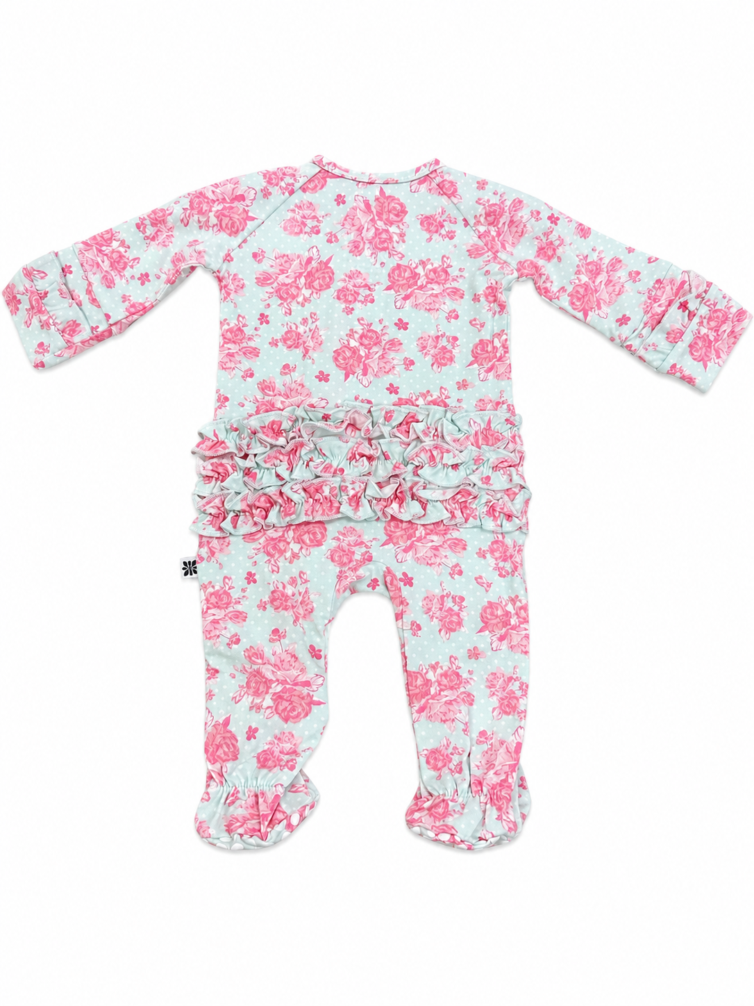 baby girl pink floral zipper footie ruffle in the back made from bamboo fabric 