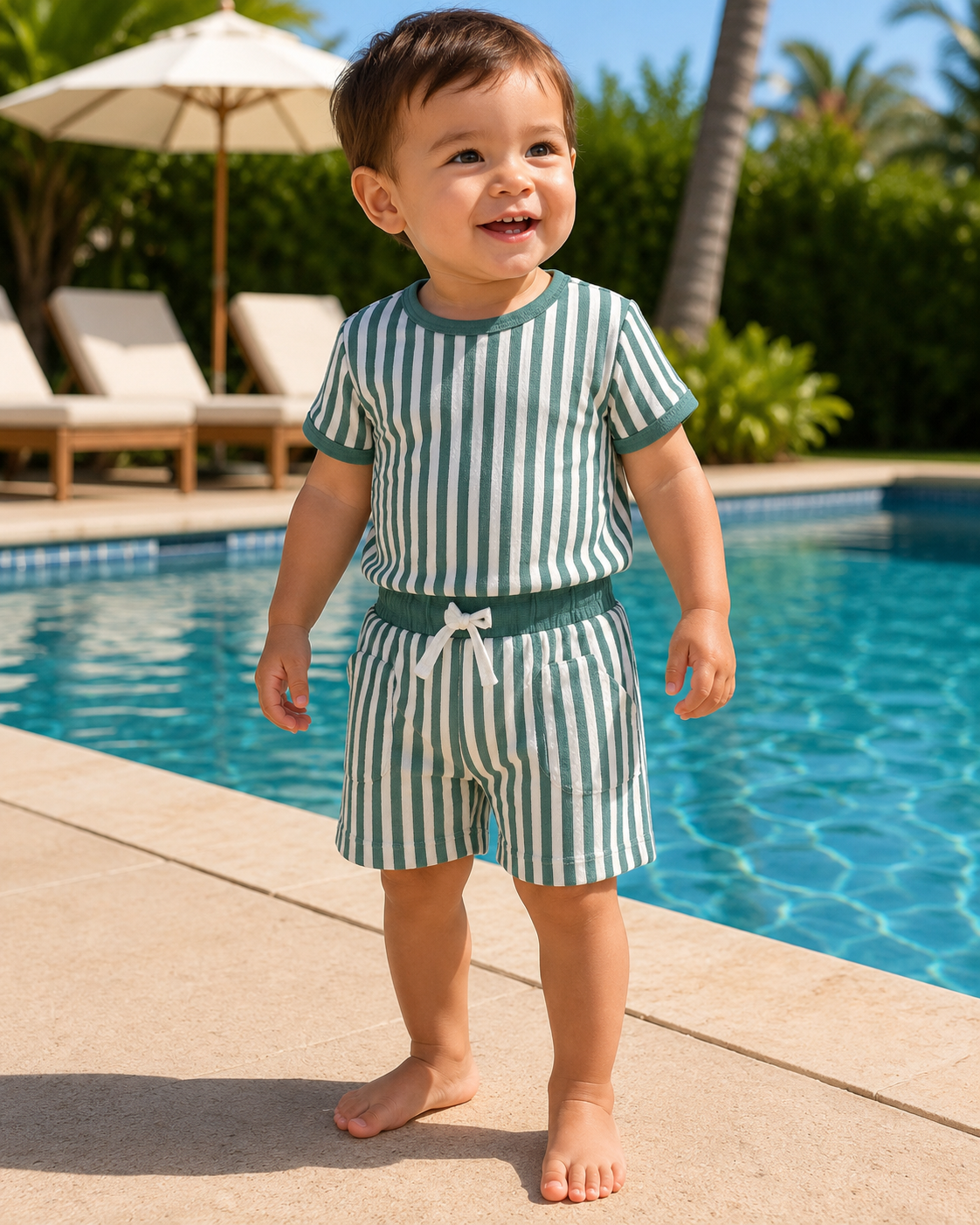 green and white stripe terry cloth organic cotton short set cozy for the pool side 