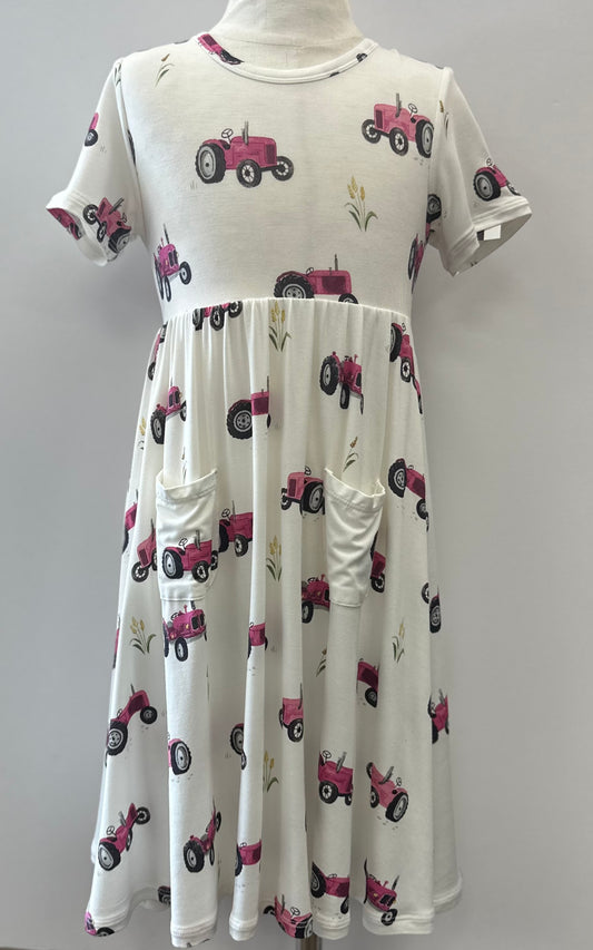 Pink Tractors Twirl Dress