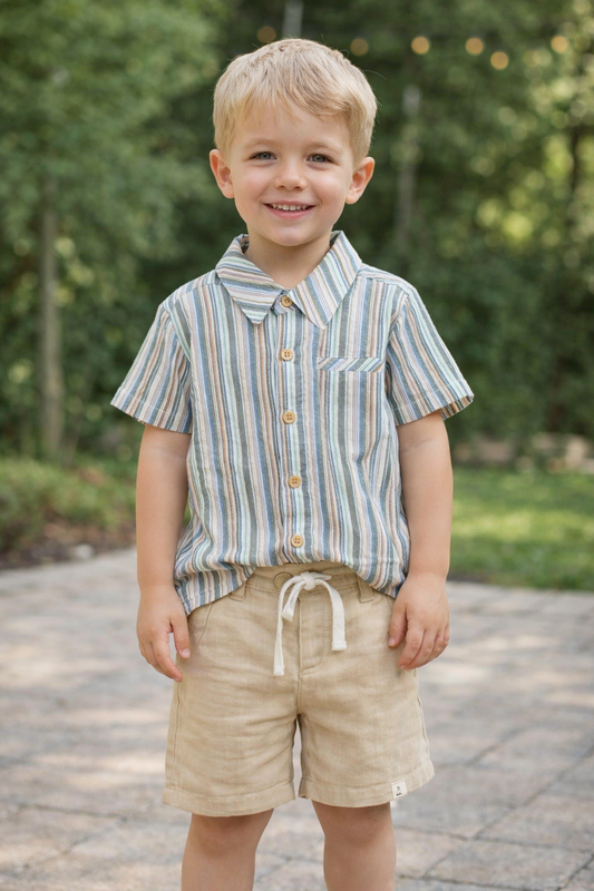 Multi Blue Beige Stripe Woven Shirt