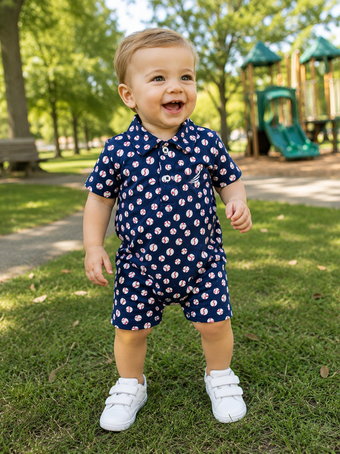 Baseball Print Polo Romper