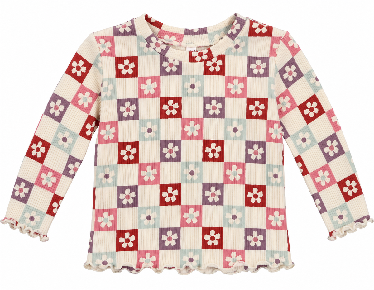 Girls Ribbed Daisy Checkered Lettuce Hem Tee