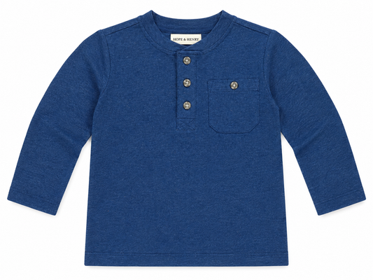 A blue long-sleeve henley shirt for toddlers, featuring a three-button placket and a chest pocket 