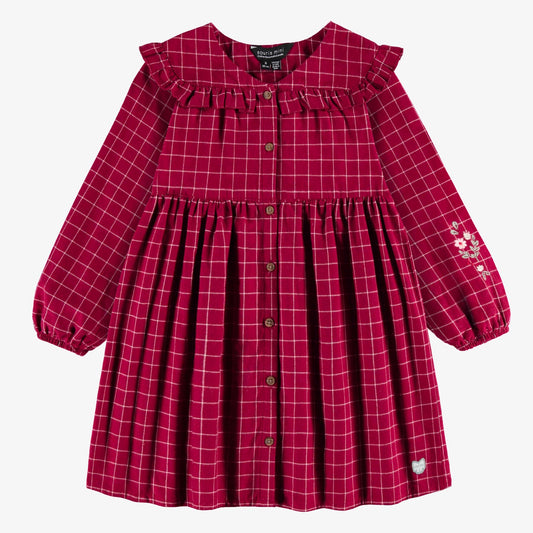 Red and White Plaid Dress Ruffled Collar