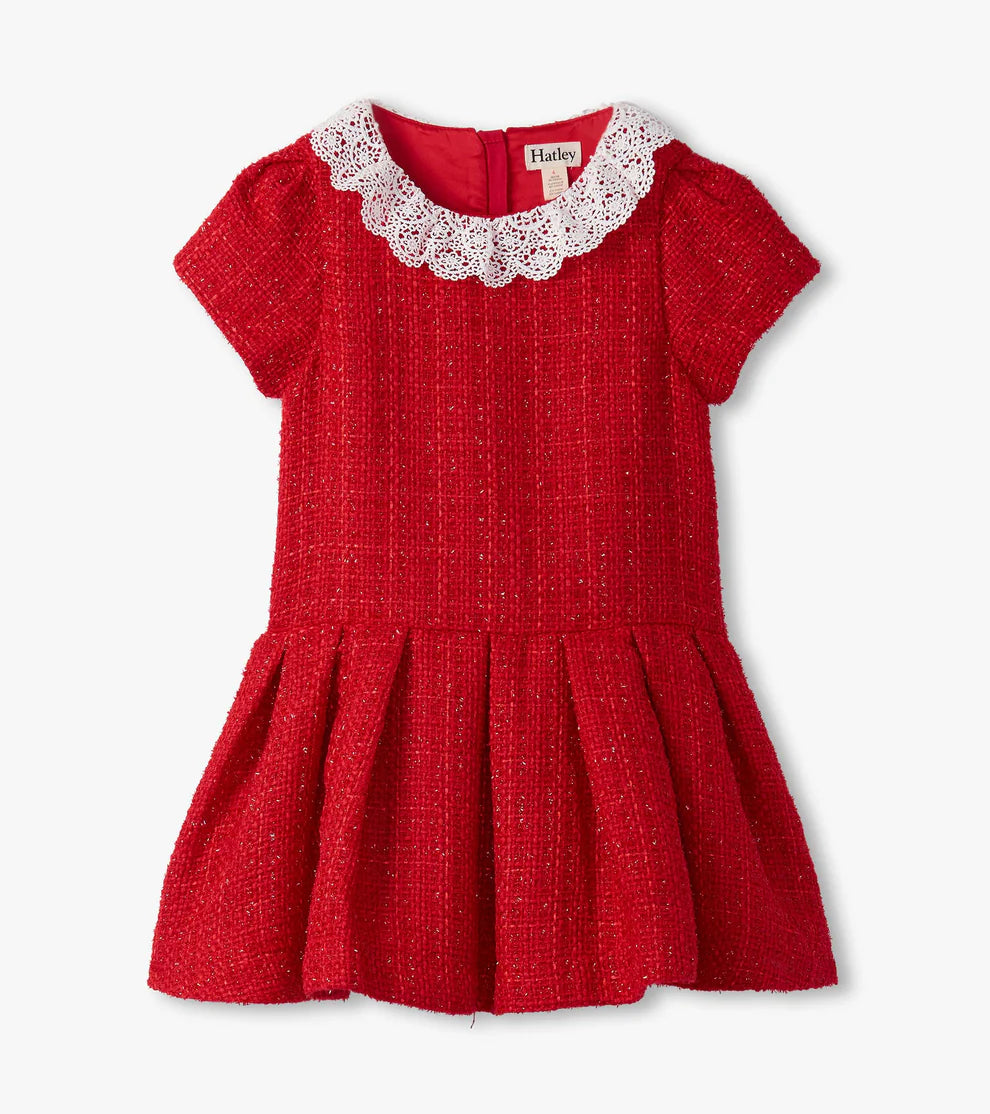 Sparkle Boucle Pleated Lace Collor Dress