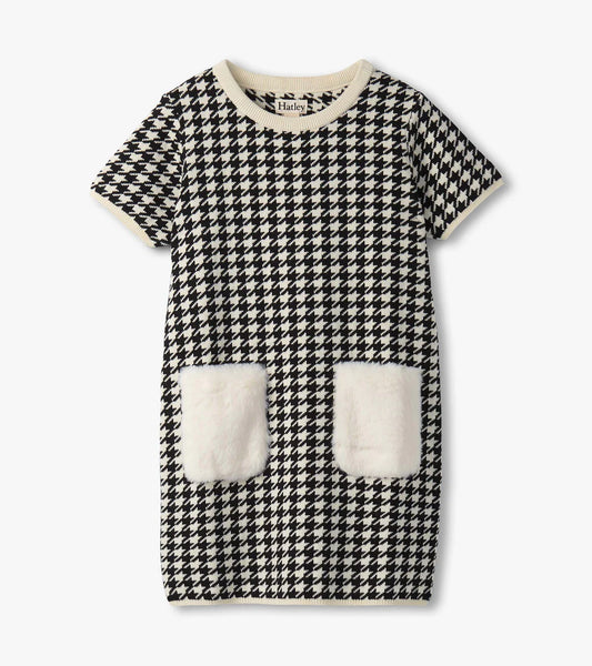 Houndstooth Sweater Dress with Faux Fur Pockets