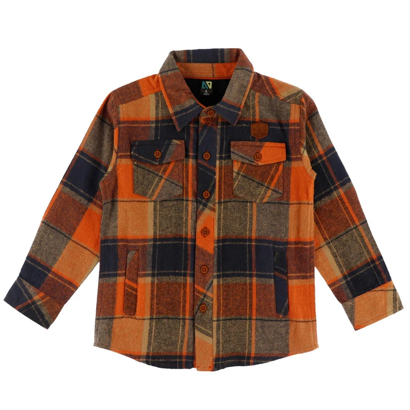 Long-Sleeve Rust Blue Plaid Shirt