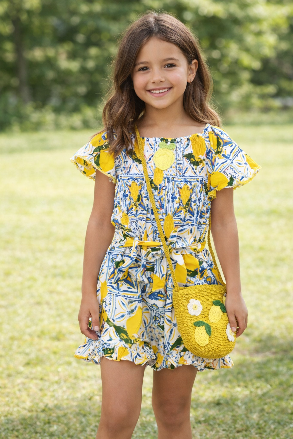 Young girl in a lemon-themed outfit with a matching bag outdoors. Party wear to vacation wear