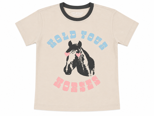 Beige t-shirt with horse graphic and text on a white background