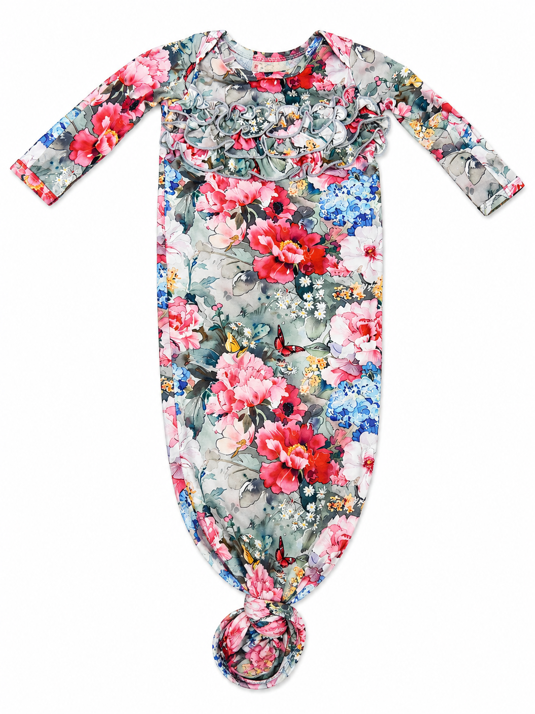 Floral-patterned baby knot  gown on a white background