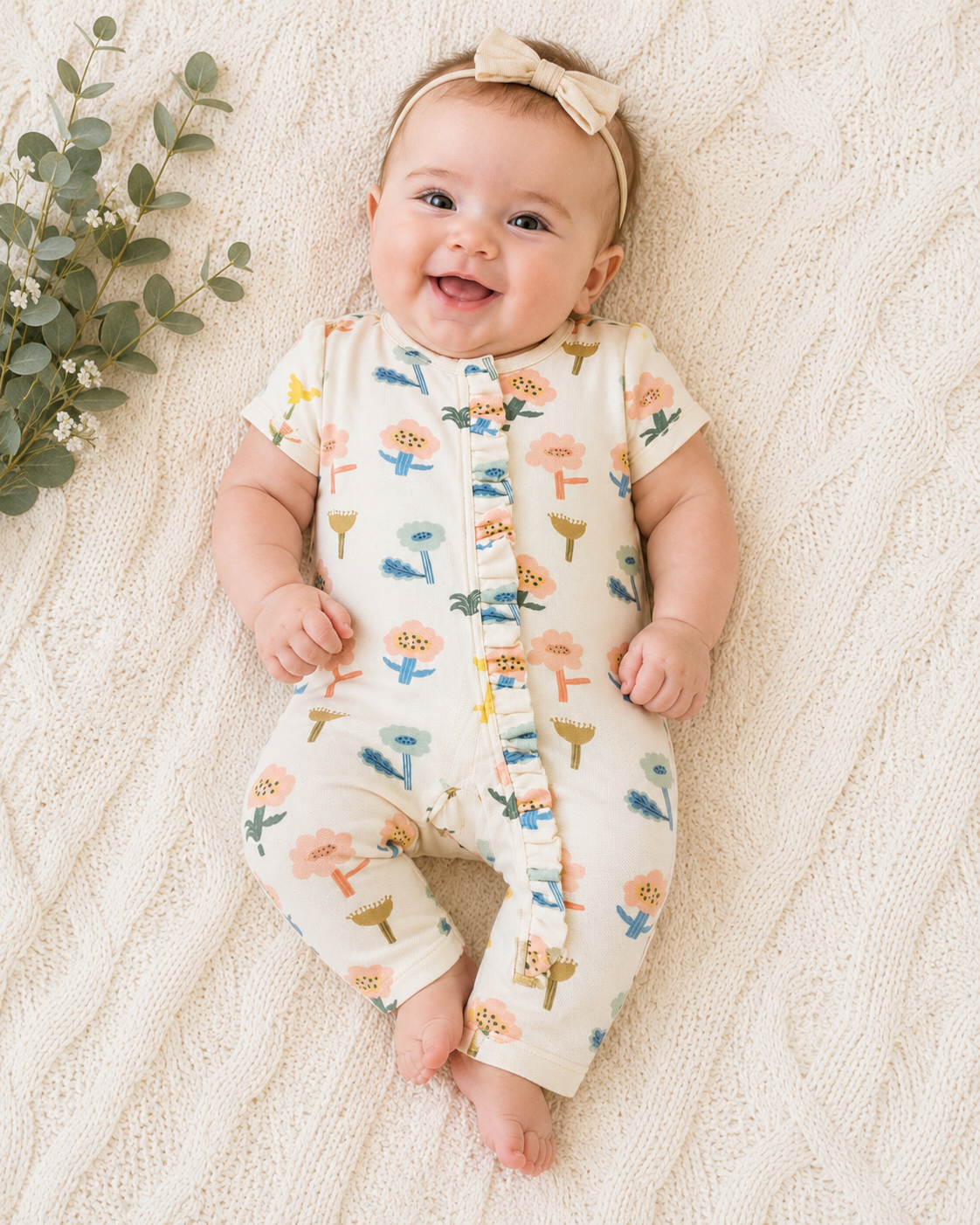 Baby wearing a floral onesie on a textured beige surface with greenery.