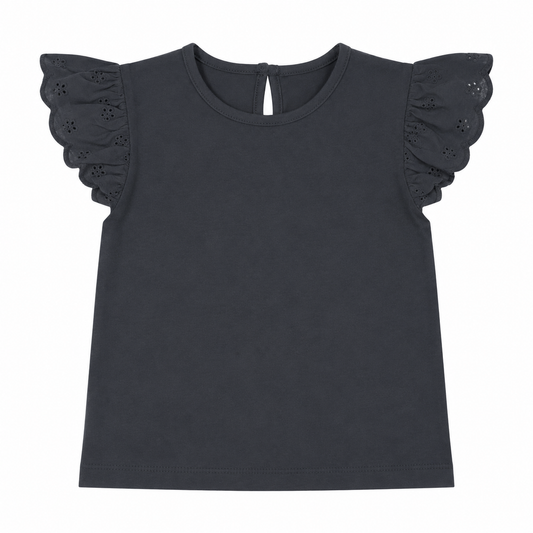 Dark Grey Top with Eyelet Ruffles Sleeves