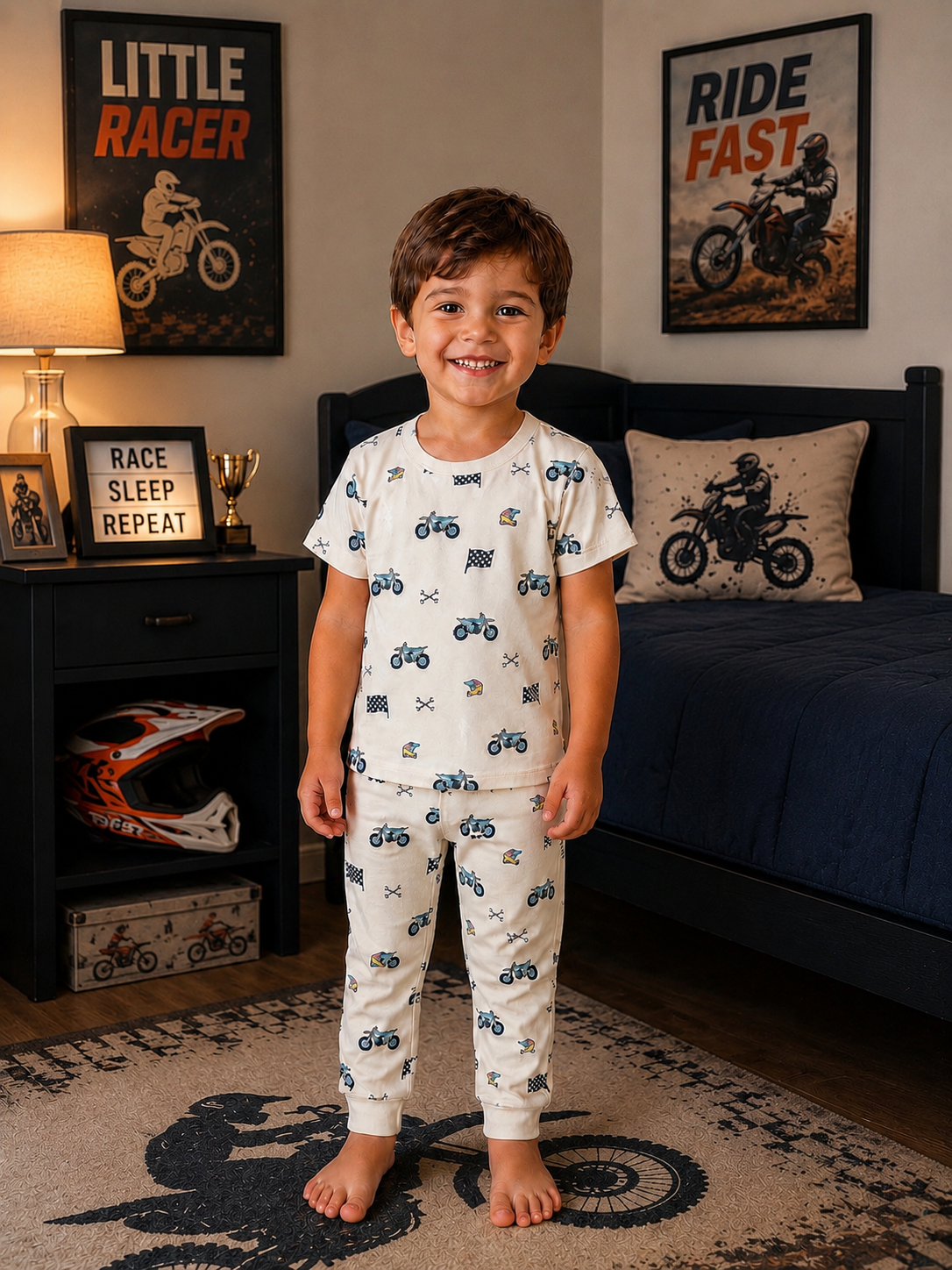 Child wearing dirt bike-themed pajamas in a bedroom with racing decor.