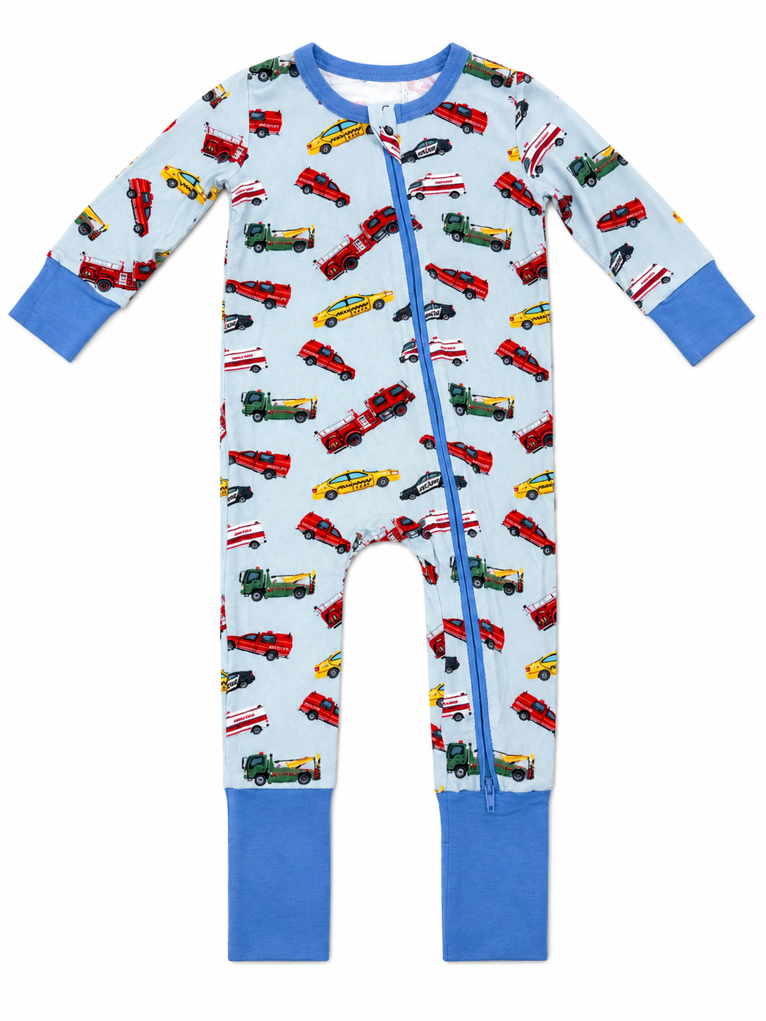 Children's convertible zipper footie sleeper with car pattern on a white background made from bamboo fabric