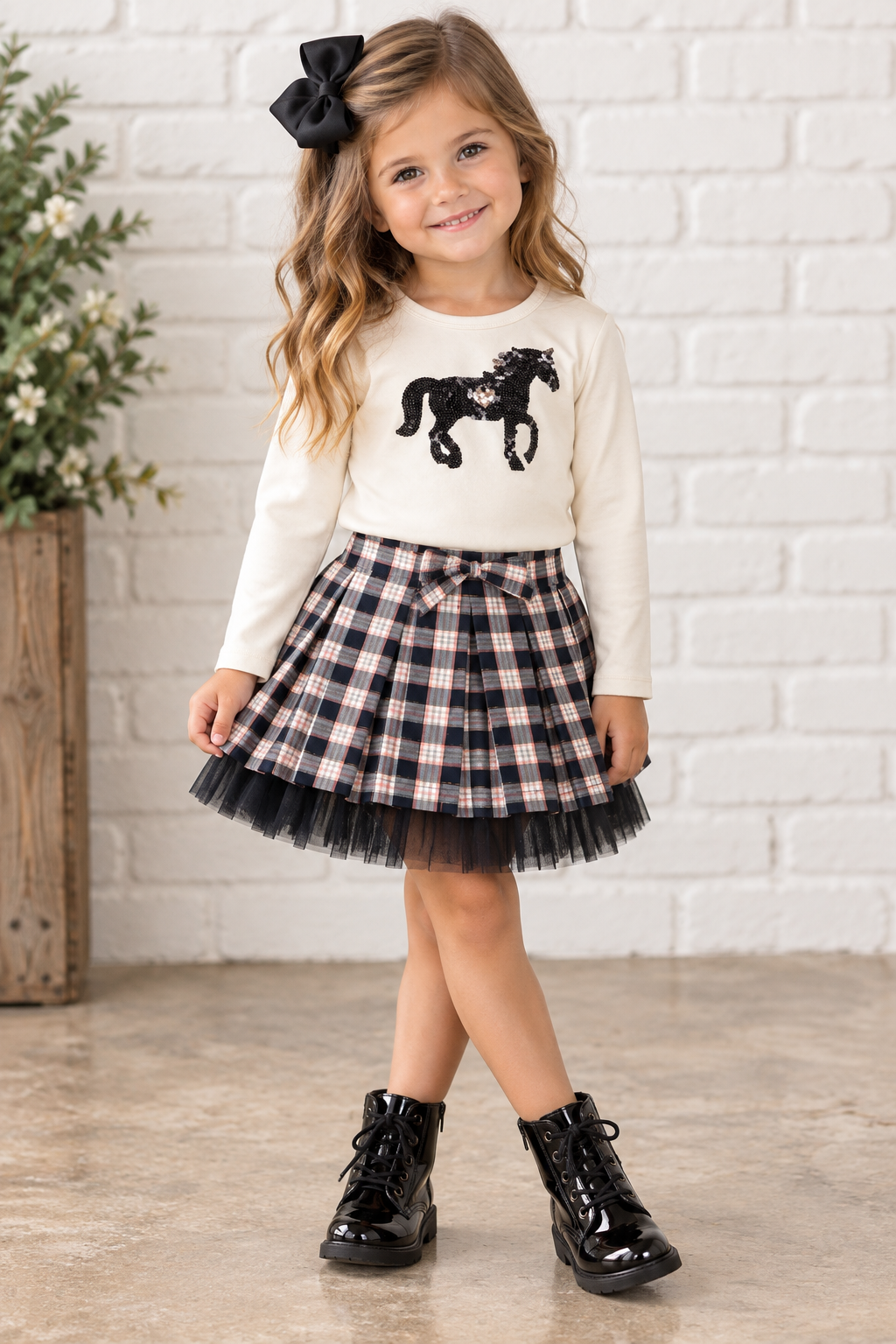 Sequin Horse Top with Plaid Tulle Skirt