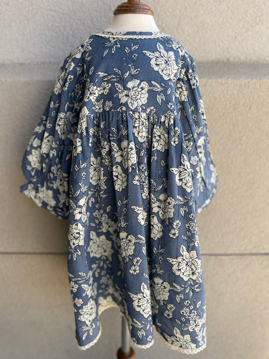 Slate Blue Floral Dress W/Puff Sleeve