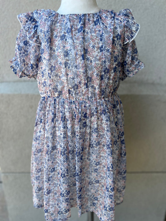 Indigo Floral Puff-Sleeve Dress