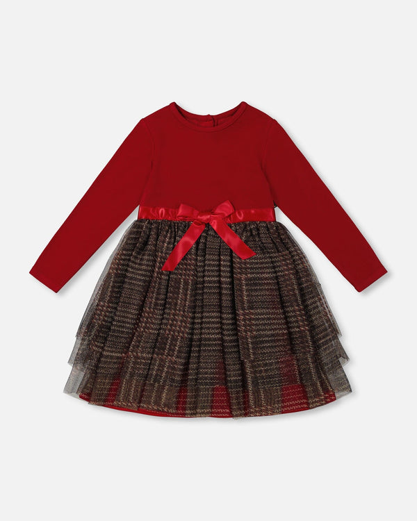 Jester Red Satin Bow Glitter Plaid Tulle Dress