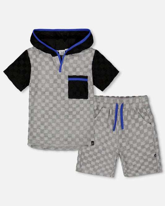 Gray Black Hooded Terry Short Set