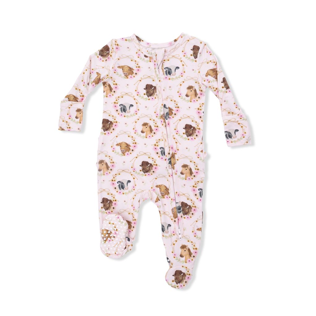 Farm Animal Pink Florals Ruffle Footie