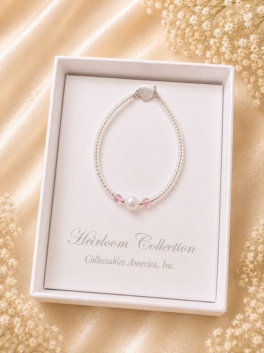 Pearl bracelet in a 'Heirloom Collection' box on a gold fabric background with flowers.