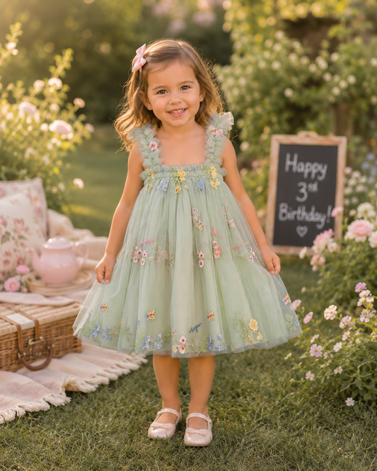Embroidery Tulle Dress Green