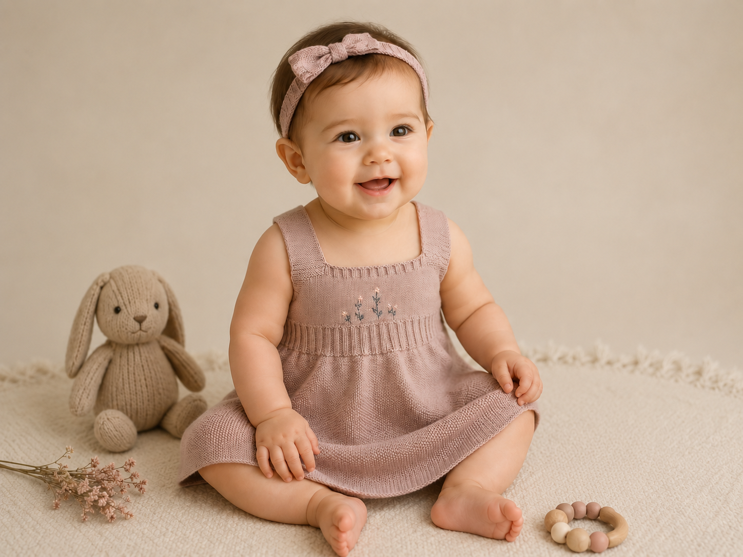 Baby in a pink dress sitting on a beige surface with a toy rabbit and wooden ring.