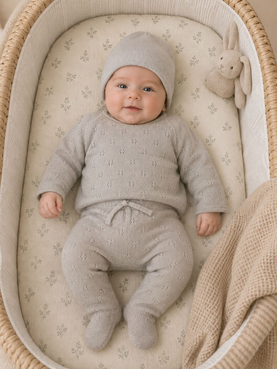 Baby in a tan outfit lying in a crib with a bunny toy