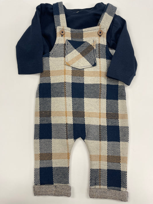 Navy Taupe Plaid Overall Set