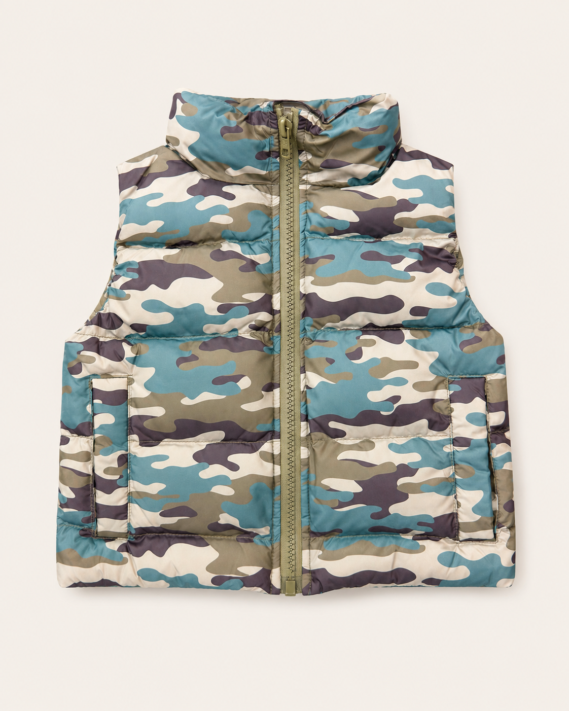 A sleeveless puffer vest with a high collar and front zipper, featuring a blue, green, beige, and brown camouflage pattern, shown flat against a light cream background.
