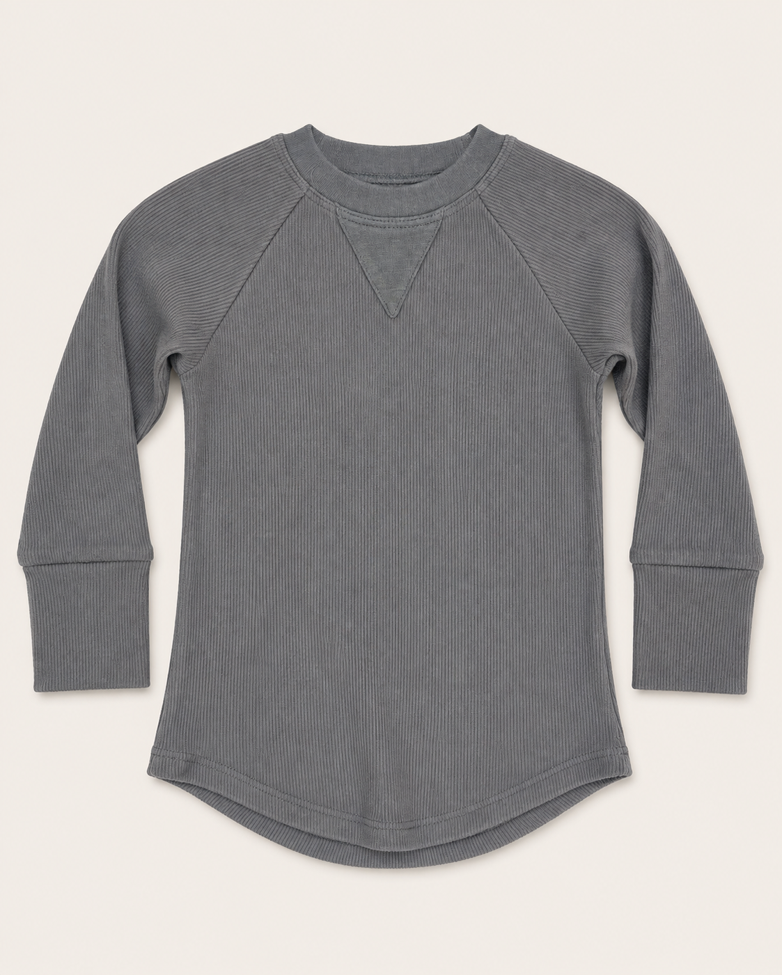 A gray ribbed long-sleeve top with raglan sleeves and a curved hem, laid flat against a light cream background.