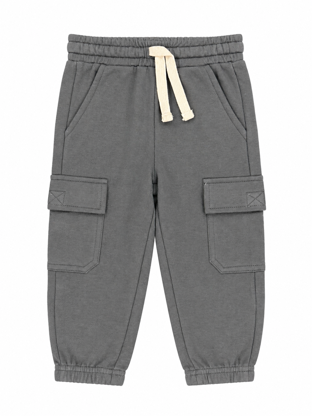 A pair of gray jogger pants with cargo pockets and an off-white drawstring, shown flat against a white background.