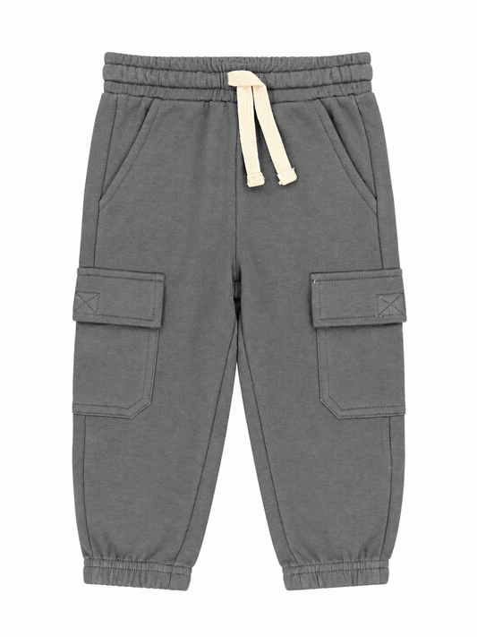 A pair of gray jogger pants with cargo pockets and an off-white drawstring, shown flat against a white background.