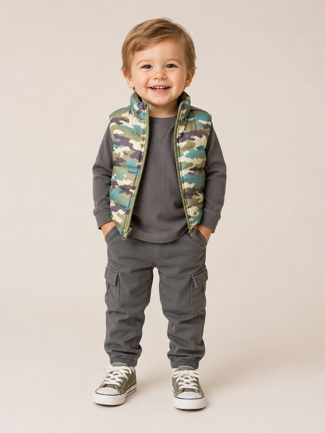 A smiling toddler standing against a plain beige studio background, wearing a gray long-sleeve shirt, gray cargo pants, and a sleeveless camouflage vest.