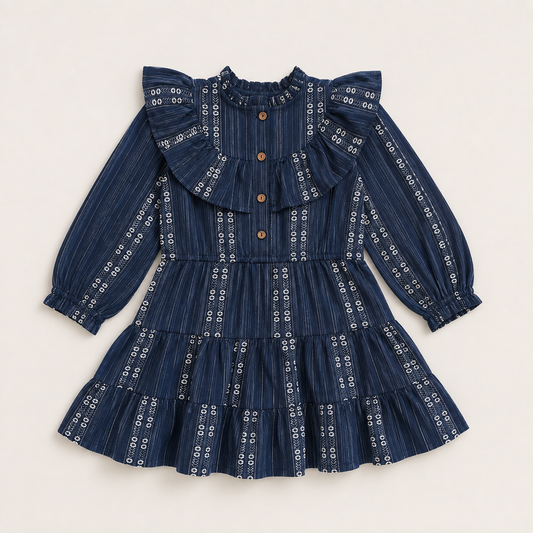 A navy blue long-sleeve children's dress with white embroidered details, featuring a ruffled collar, button front, and tiered skirt