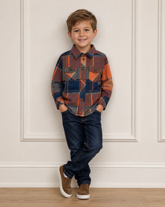 Long-Sleeve Rust Blue Plaid Shirt