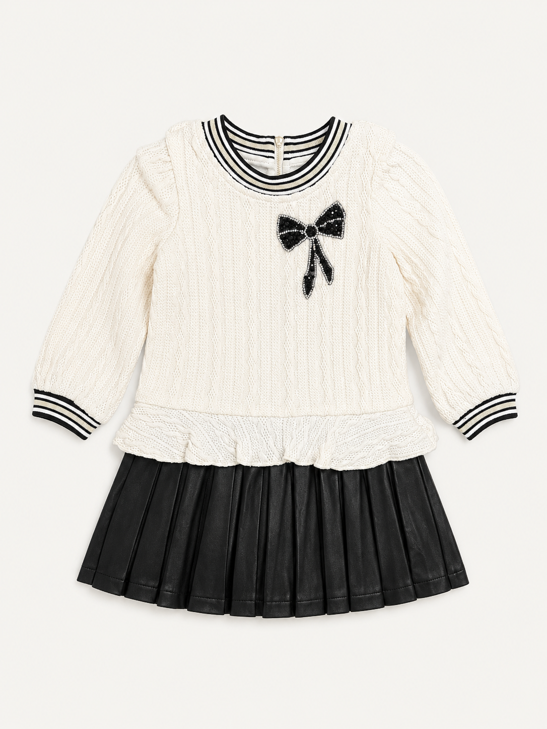 Cable Knit Faux Leather Pleated Dress